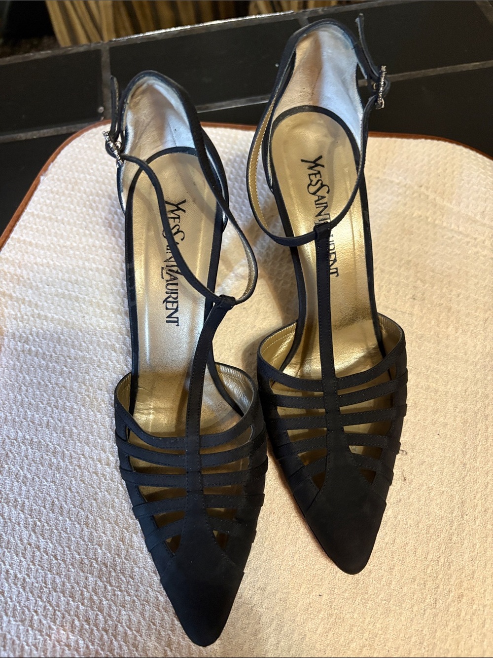 Yves Saint Laurent Black Strappy T‑Bar Pointed Heels